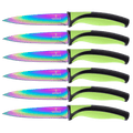 Steak Knife Set 6 Rainbow Titanium Coated Blades & Green Handles