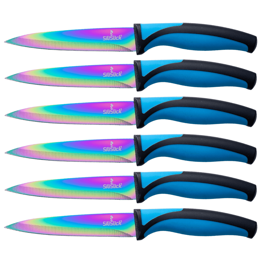 Steak Knife Set 6 Rainbow Titanium Coated Blades & Blue Handles
