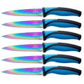 Steak Knife Set 6 Rainbow Titanium Coated Blades & Blue Handles