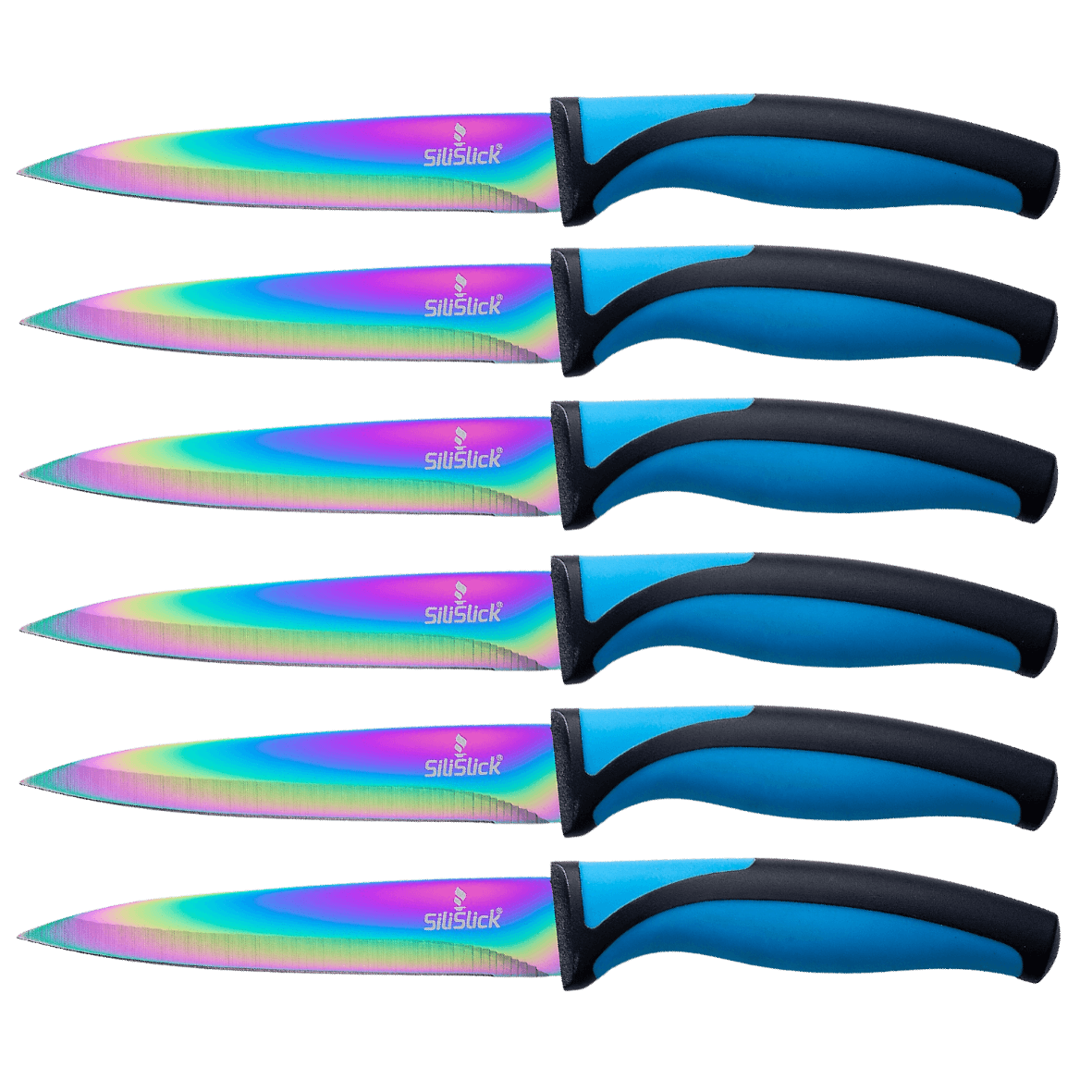 Steak Knife Set 6 Rainbow Titanium Coated Blades & Blue Handles