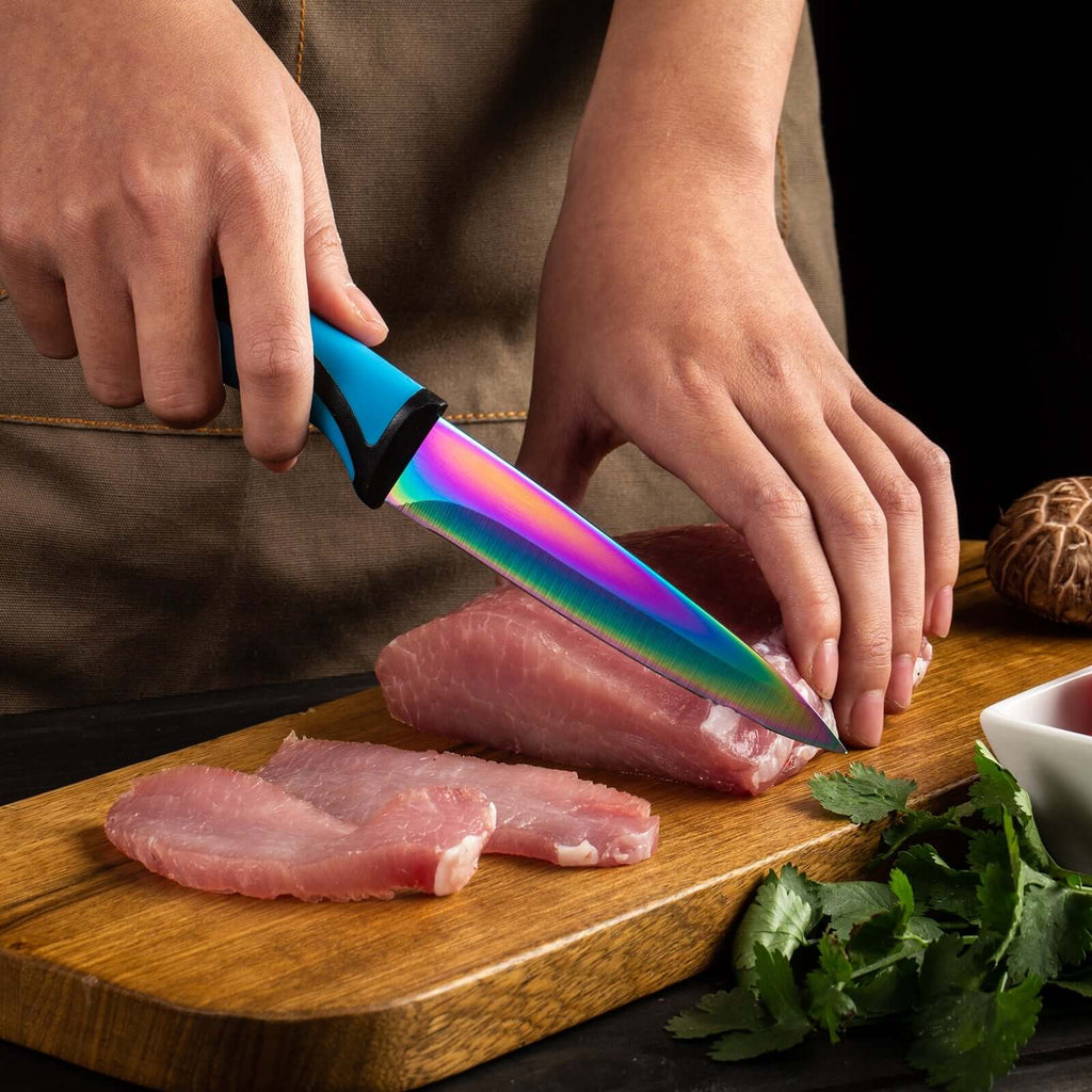 Steak Knife Set 6 Rainbow Titanium Coated Blades & Blue Handles
