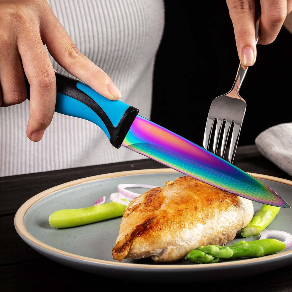 Steak Knife Set 6 Rainbow Titanium Coated Blades & Blue Handles